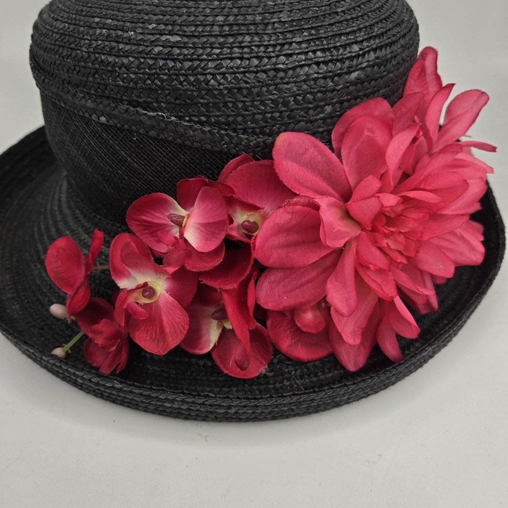 Betmar New York Black Straw Hat Pink Floral Accent Derby Polo Chic Summer